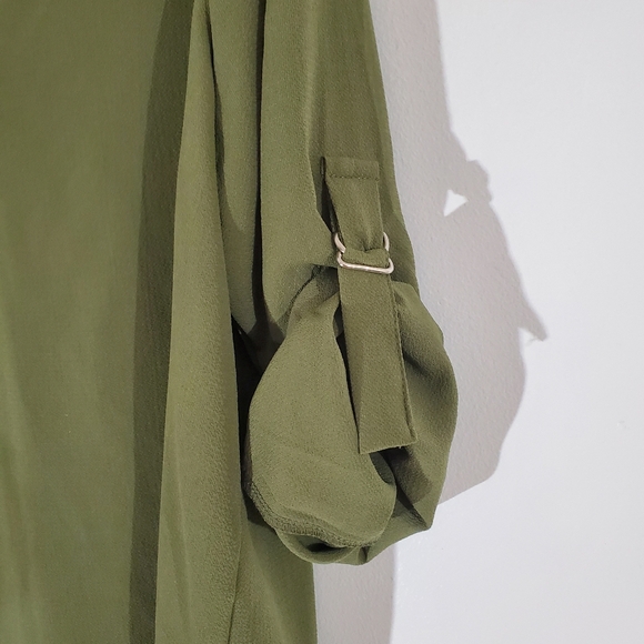 OLIVE GREEN Woman's Blouse Size Large Roll Tab Sleeves - Picture 5 of 6